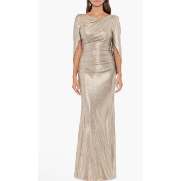 Betsy & Adam Long Metallic Drape Back Sheath Gown in Light Gold Size 8 - Picture 1 of 7